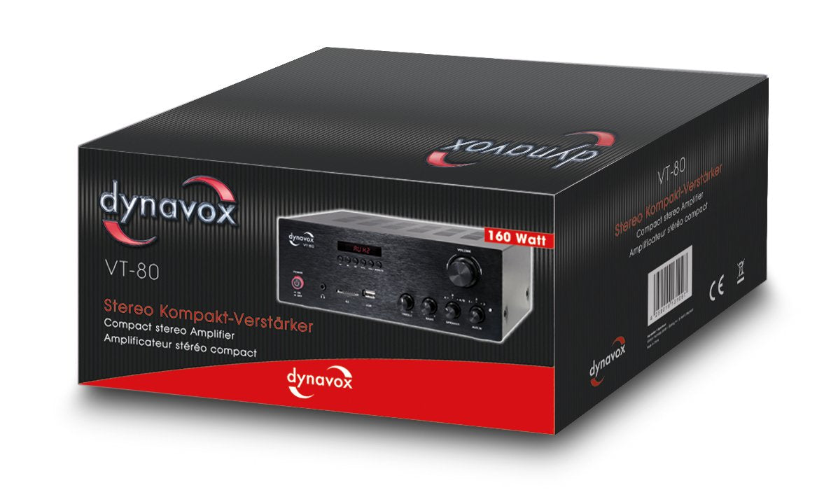 Dynavox VT-80 Amplificador estéreo Compacto, terminales de conexión atornillables para 4 Altavoces, Control Remoto Solo para entradas Digitales (USB, Tarjeta SD), Antena BT integrada, Negro