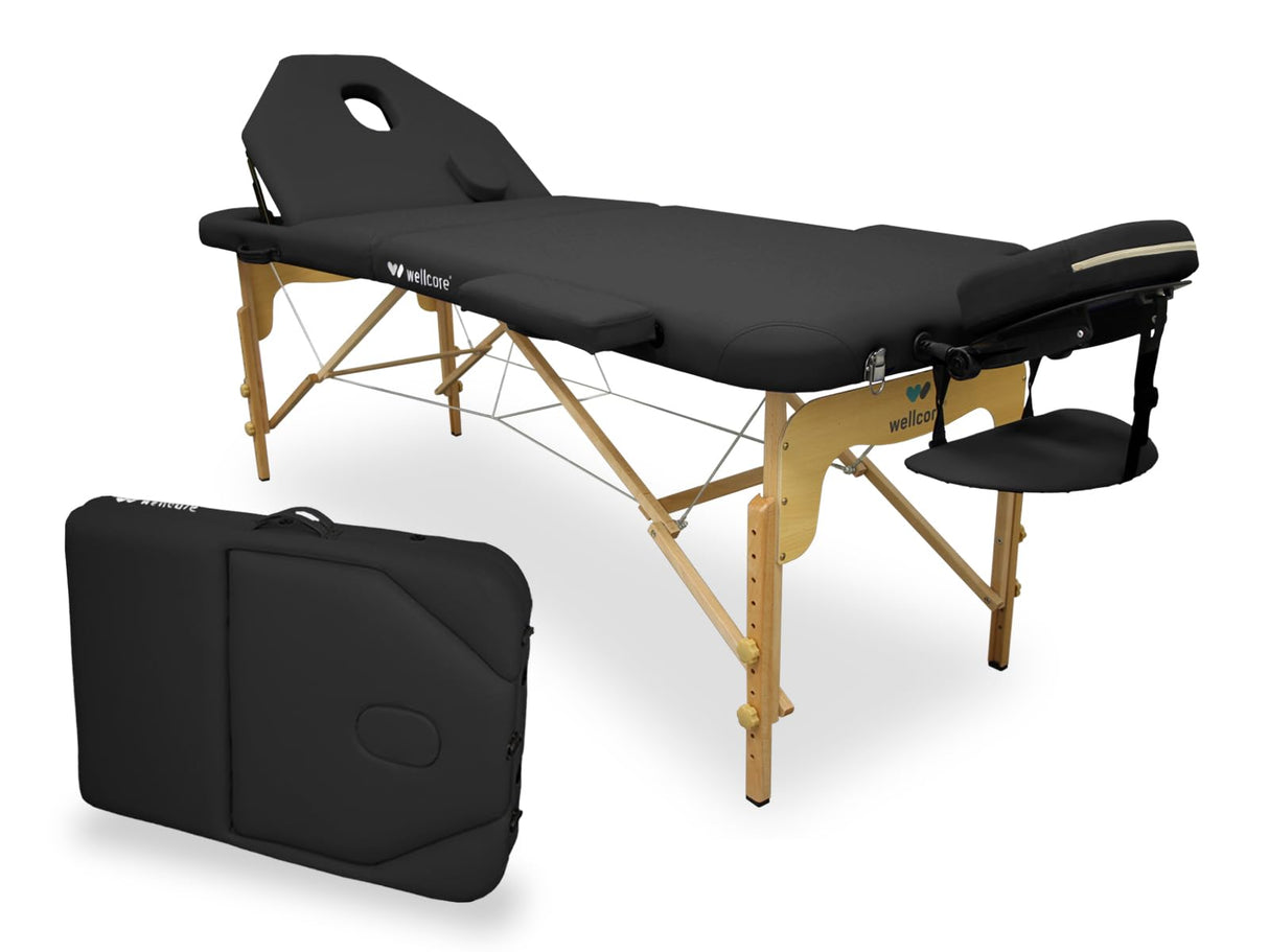 QUIRUMED Camilla de Masaje Plegable WELLCORE, con Respaldo abatible, Fabricada en Madera, Polipiel, 195 x 70 cm, Altura Regulable, Cabezal extraíble, Agujero Facial, Color Negro, hasta 225 kg
