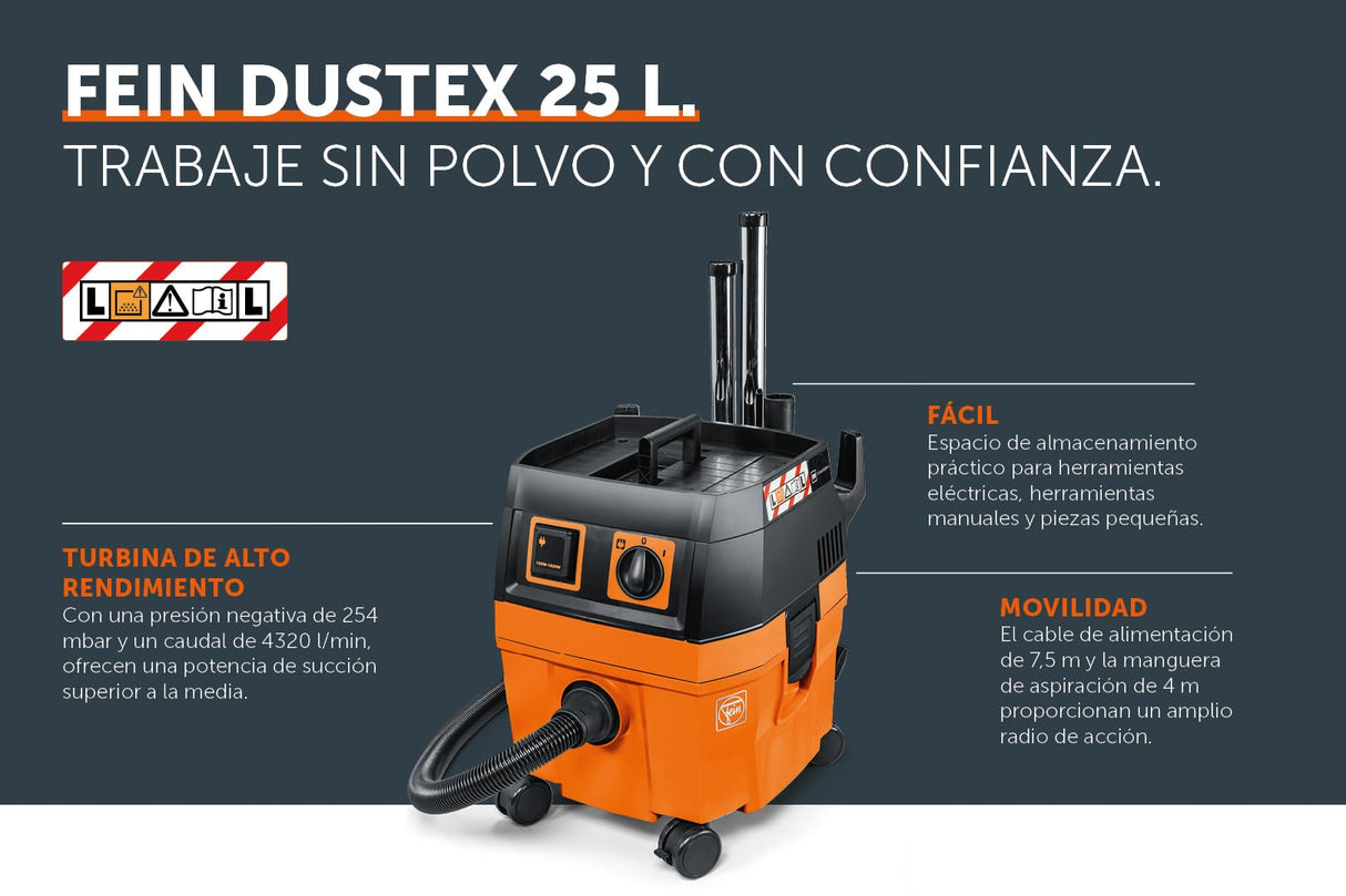 FEIN Dustex 25 L, Aspirador de obras para conexión de herramientas eléctricas, Aspirador en humédo/seco con cable de red 7,5 m, Potencia máxima de entrada 1380W. Homologación para la clase de polvo L.