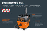 FEIN Dustex 25 L, Aspirador de obras para conexión de herramientas eléctricas, Aspirador en humédo/seco con cable de red 7,5 m, Potencia máxima de entrada 1380W. Homologación para la clase de polvo L.