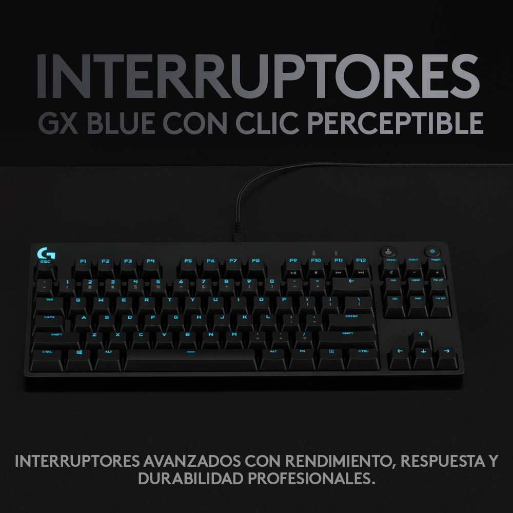 Logitech G Pro TKL Teclado Gaming Mecánico sin Teclado numérico, Teclas GX-Clicky Azules, RGB LIGHTSYNC, Diseño portátil para Esports, Cable Micro USB Desmontable, QWERTY Español, Negro
