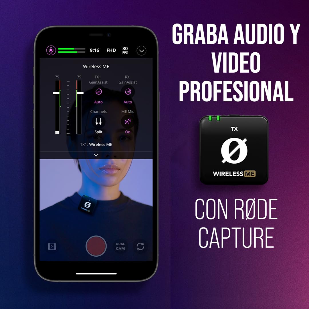 RØDE Sistema de microfonía inalámbrica ultracompacto Wireless ME con micrófonos Integrados, tecnología GainAssist y 100m de Alcance para filmaciones, entrevistas y creación de contenidos