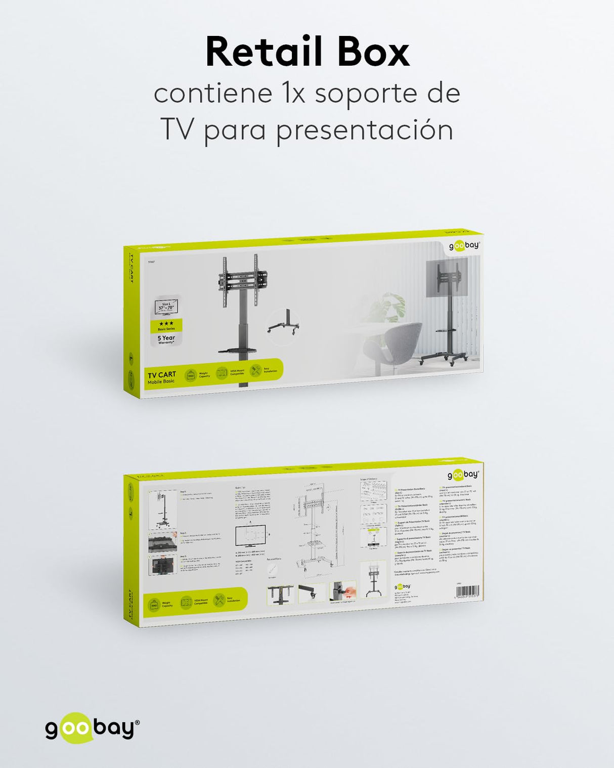 Goobay 59507 Soporte de TV móvil con Ruedas para televisores y monitores de Entre 37" y 70" (94-180cm) / Inclinable y Ajustable en Altura/Soporte de TV para TV Plana y TV Curva de hasta 35 kg