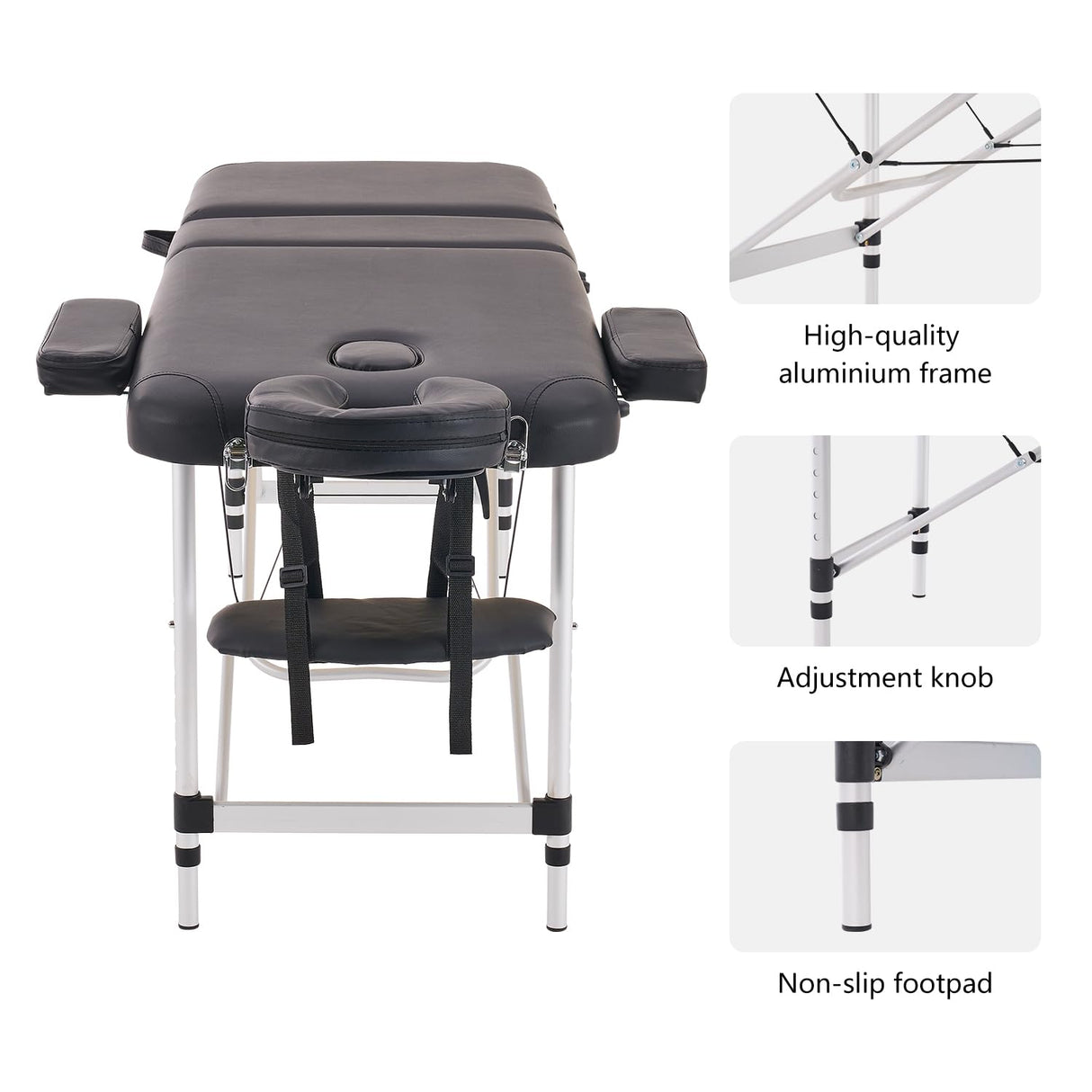 YOUNIKE Camilla de Masaje Móvil Plegable Negro y Ajustable en Altura Cama de Masaje de 3 Zonas Camilla de Estética Amplia Cama de Terapia Aluminio 186 x 60 cm