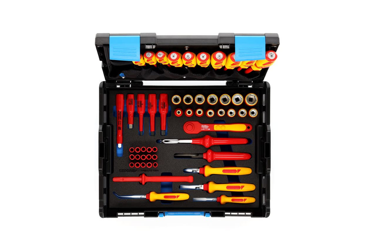 GEDORE Caja de herramientas VDE HYBRID, Juego de 53 piezas, Llena, Herramientas para electricistas, Caja de plástico, Aislamiento VDE, 1100-1094