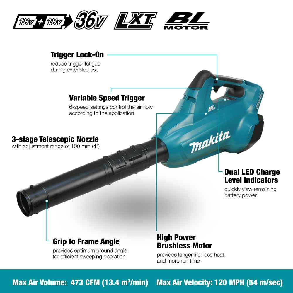 Makita DUB362Z - Soplador a baterías, 18 V, Negro, Turquesa (NO INCLUYE BATERÍAS)