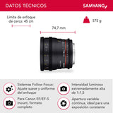 Samyang F1311101101 - Objetivo para vídeo VDSLR para Canon EF (Distancia Focal Fija 50mm, Apertura T1.5-22 AS UMC, diámetro Filtro: 77mm), Negro