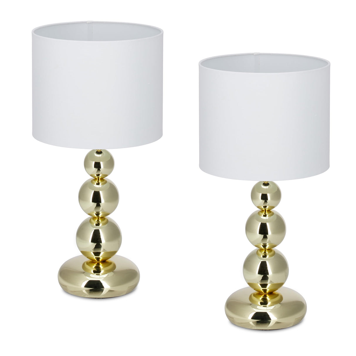 Relaxdays Lámpara de Mesa, Set 2, Base Metálica y Pantalla Tela, E27, 50x25, Lamparita Noche, Dormitorio, Blanco/Dorado, 50% Hierro