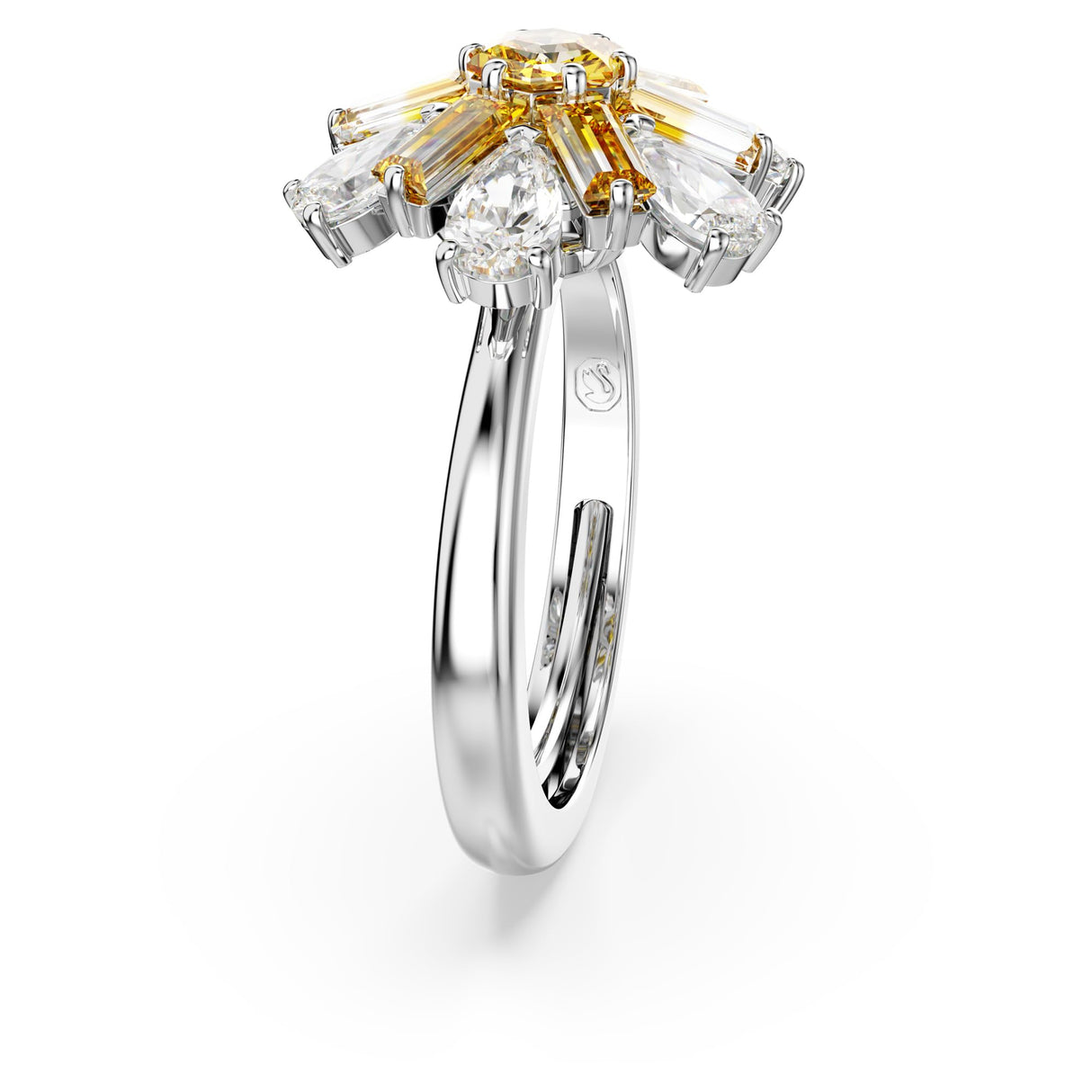 Swarovski Anillo de cóctel Idyllia, Tallas mixtas, Flor, Amarillo, Baño de rodio, 50-55