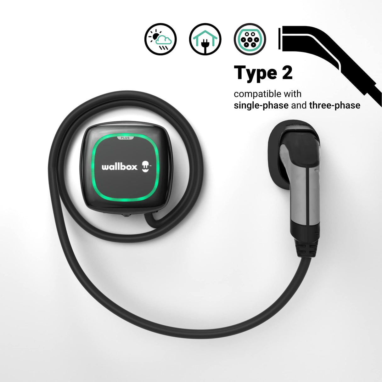 Wallbox Pulsar Plus - Cargador de vehiculo electrico (7.4kW de Potencia, Cable de 5 Metros, Conector Tipo 2, WiFi, Bluetooth, OCPP, Interior/Exterior)