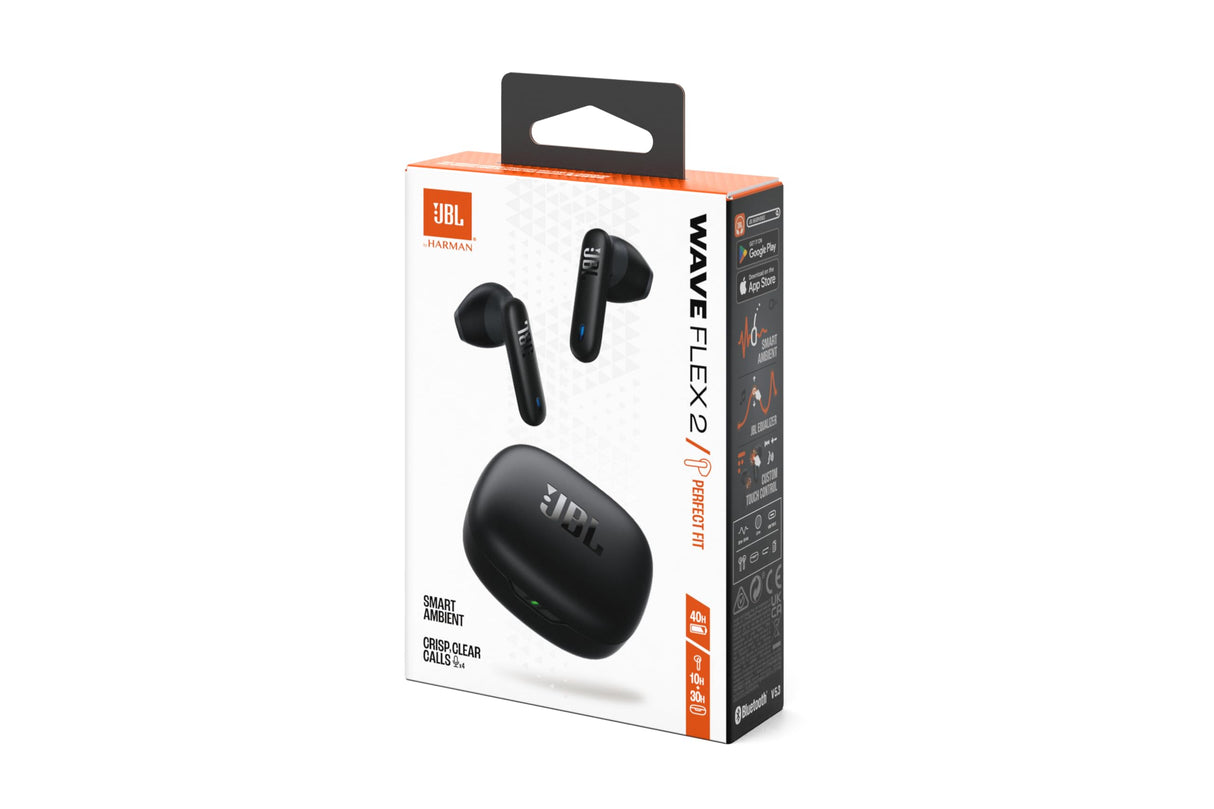 JBL Wave Flex 2, Auriculares inalámbricos True Wireless, Bluetooth, autonomía de hasta 40 hrs, Sonido Pure Bass, Smart Ambient, Resistentes al Agua y al Polvo, conexión multipunto, Negro