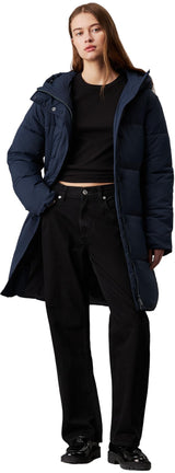 Calvin Klein Abrigo Mujer Logo Belt Long Puffer con cinturón, Azul (Ink), L