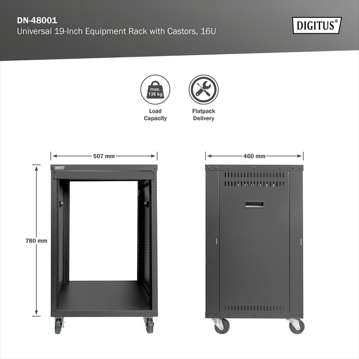 DIGITUS DN-48001 - Rack de Audio - 19 Pulgadas - 16U - Rack de Equipo Universal - para Accesorios de Audio y vídeo - Sin Montar - Carga máxima 136 kg - con Ruedas - Negro
