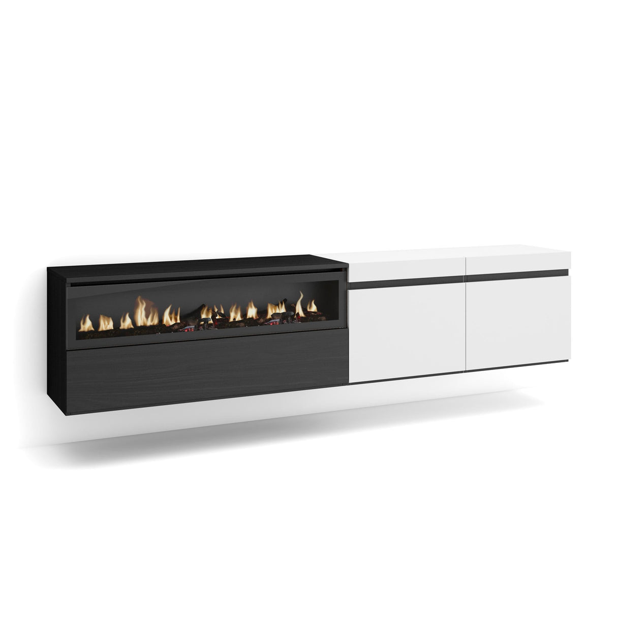 Skraut Home | Mueble TV | Televisión | Muebles de salón, almacenaje | 200x45x35cm | para TV hasta 80" | Chimenea eléctrica | Colgado, Suspendido | Estilo Moderno | Blanco y Negro