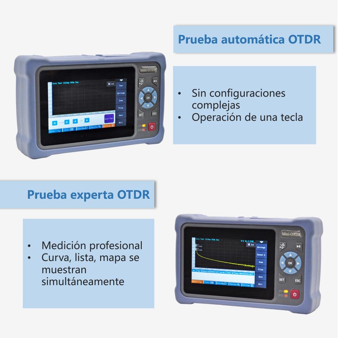QIIRUN NK4000D Mini OTDR Fibra Optica 1310/1550nm 26/24dB con Pantalla Táctil de 4.3 pulgadas, 11-en-1 OTDR SM con VFL OPM OLS Mapa de Eventos RJ45, FC/UPC SC ST LC Conectores Incluidos