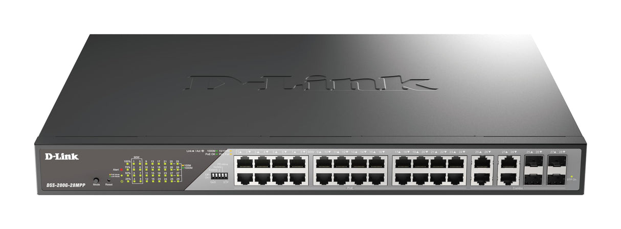 D-Link Switch Smart 28 Puertos Gigabit PoE (24 x 1000Base-T y 2 x SFP Gigabit), PoE++, Long Range PoE (hasta 250m), 518W PoE Budget, Interfaz Web dedicada a videovigilancia IP, VLAN, QoS, ERPS, ONVIF