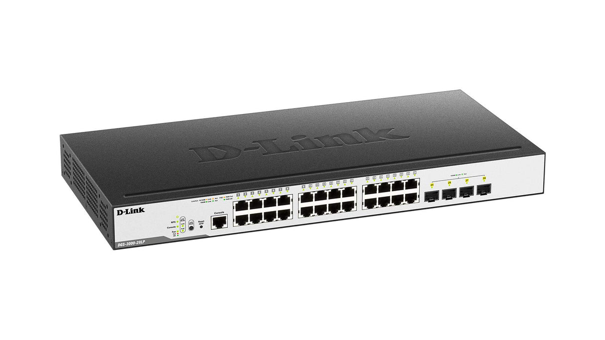 D-Link DGS-3000-28LP - Switch Gigabit PoE Gestionable Layer 2 (24 Puertos Gigabit PoE y 4 Puertos de uplink SFP, detección de bucles y apilado Virtual, prevención de Fuga de Datos, Altura 1U)