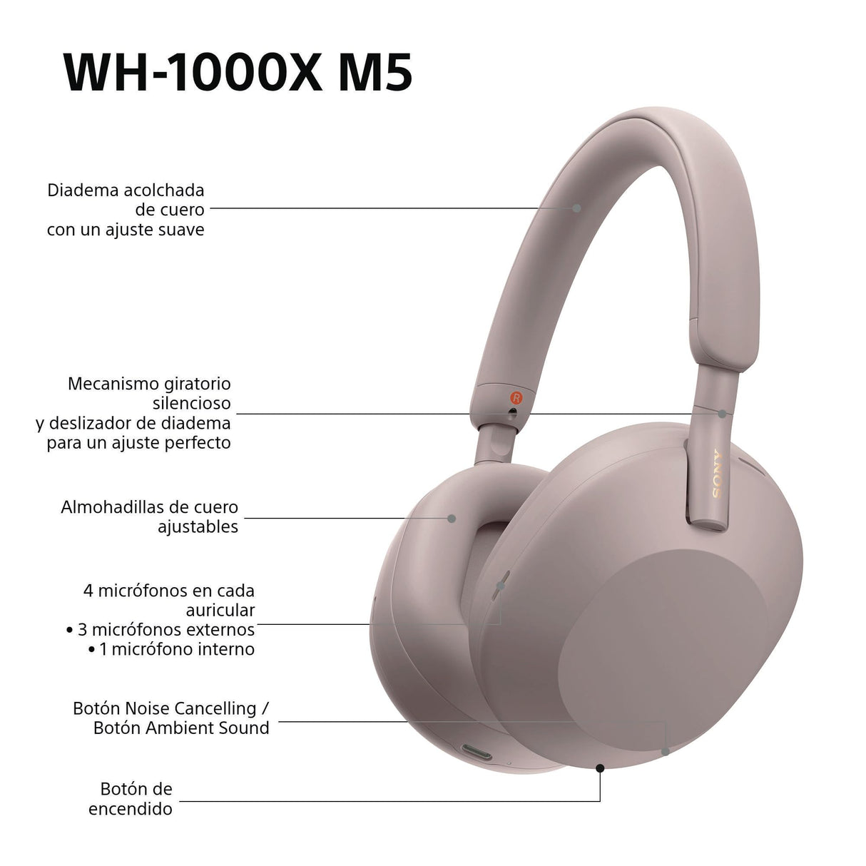 Sony WH-1000XM5 Auriculares de Diadema inalámbricos Premium con Noise Cancelling, Bluetooth, Llamadas, Hi-Res, 30 h de batería, Incluye Estuche rígido, iOS, Android - Rosa Palo