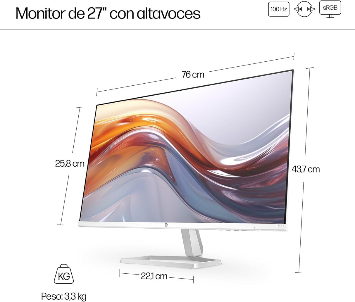 HP 527sa- Monitor de 27" FHD con Altavoces Integrados (1920x1080, IPS, 100 Hz, 5ms, 99% sRGB, 300 Nits, contraste 1500:1) Blanco con Soporte Plateado