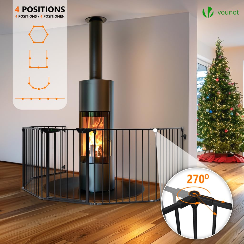 VOUNOT® Barrera de Seguridad Multifunción 6 Paneles, Rejilla de Protección de Metal para Chimenea Puertas Escaleras, Parque Recinto para Perros Corralito para Mascotas Valla Plegable, 74x375 cm, Negro