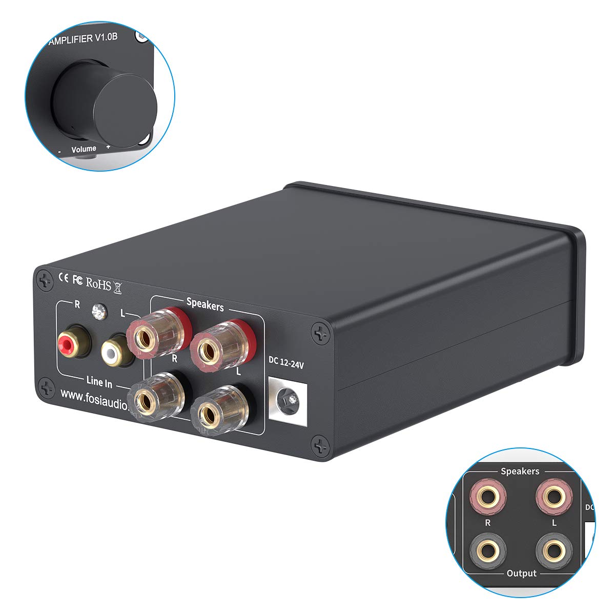 Fosi Audio V1.0B Altavoz Amplificador Estéreo 50W x 2, Amplificador de Audio de 2 Canales Mini HiFi Clase D Integrado TPA3116 con Fuente de Alimentación de 19V, 4.74A