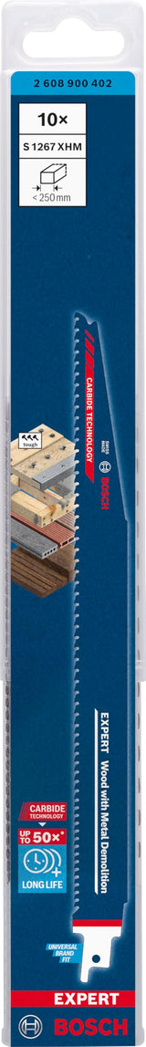 Bosch Professional 10x Hojas de sierra sable Expert `Wood with Metal Demolition` S 1267 XHM (para Madera con metal duro, Longitud 300 mm, accesorios Sierra sable)