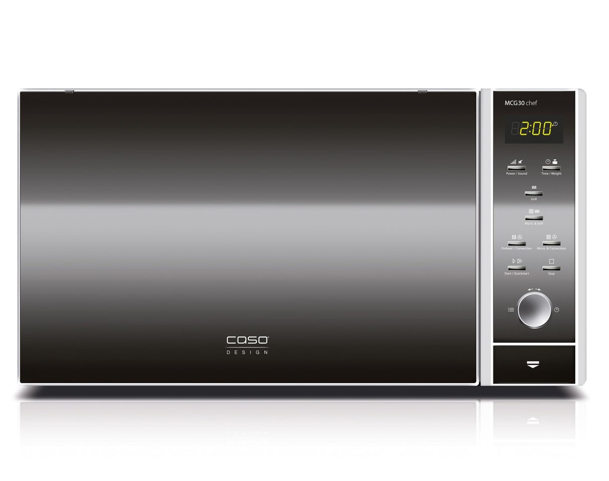 CASO MCG 30 Chef - microondas 3 en 1 de 900W con grill de 1250W y aire caliente de 2200W - Capacidad de 30L - Plato giratorio Ø 31,5 cm - pantalla digital, frontal espejado - acero inoxidable y negro