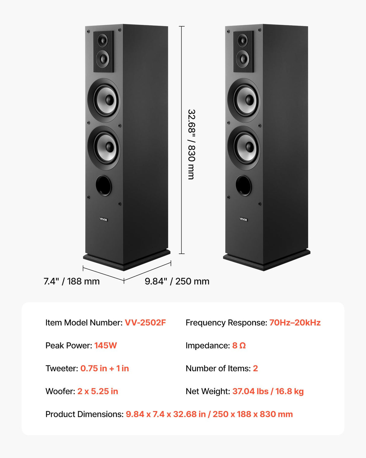 VEVOR Par de Altavoces de Suelo, Sistema de 3 Vías con Tweeters de 1,91 cm y 2,54 cm, Dos Woofers de 13,34 cm, Potencia Máxima de 145 W, Respuesta de Frecuencia de 70 Hz a 20 kHz, Carcasa de MDF