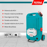 TOTAL - Hidrolimpiadora de Alta Presión a Batería TPWLI4006, 40V, 80 Bar, Volumen de 4 l/min, 3 Velocidades, Con Accesorios y Manguera, No incluye baterías ni cargador