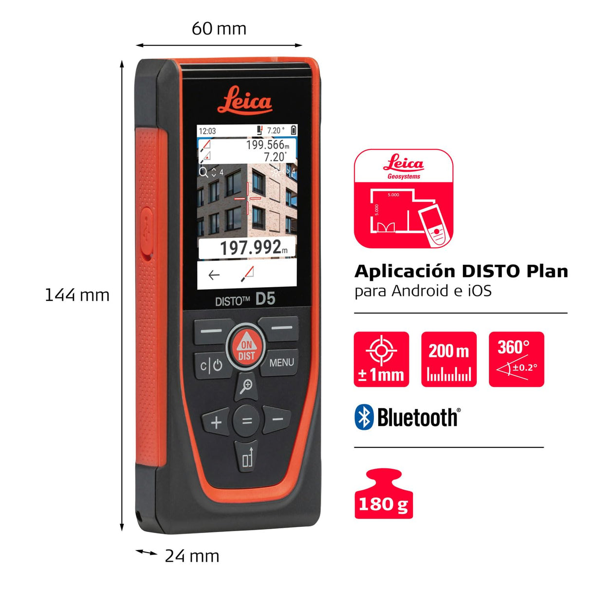 Leica Disto D5 Medidor Láser de Distancia Profesional con Bluetooth (App), Puntero Digital (Interior y Exterior) y Sensor de Inclinación para Seguimiento de Alturas, Medición de Perfiles y Ángulos