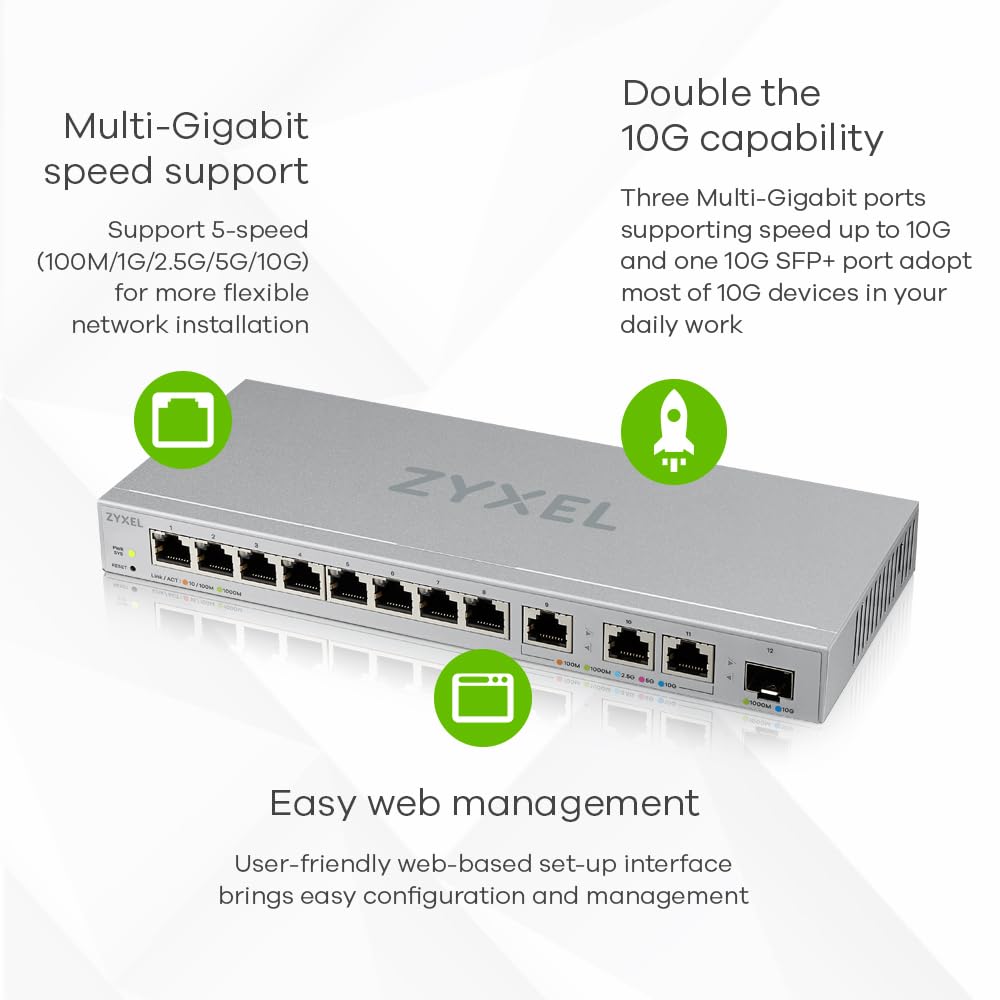 Zyxel Conmutador de 12 puertos Multigigabit Administrado por Web | Switch Gigabit con 3 Puertos de 10 Gbit | 1 puerto SFP+ de 10 Gbit [XGS1250-12]