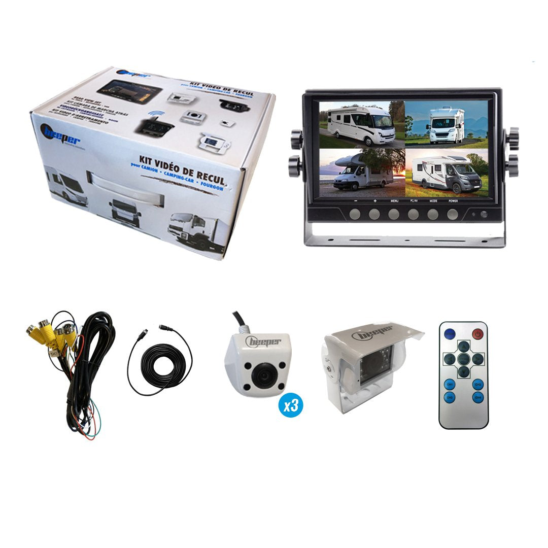 Beeper RA102W4QUAD Cámara Trasera para Aparcamiento con 4 cámaras y Pantalla de 7" 12/24v, Blanco