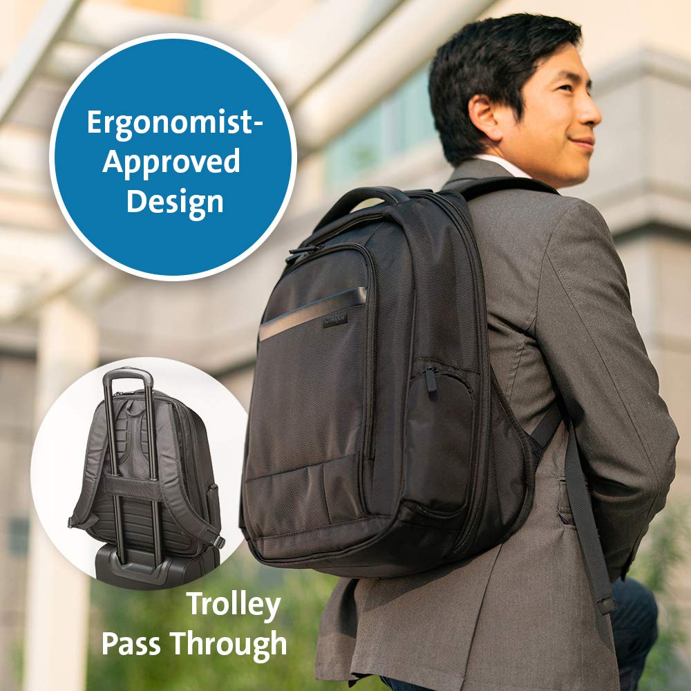Kensington K60381EU - Mochila Contour 2.0 Pro para Portátiles 17", Diseño Ergonómico, Protección RFID, Compartimento Antirrobo, Resistente al Agua, Apta para Controles TSA, Correas Acolchadas, Negro