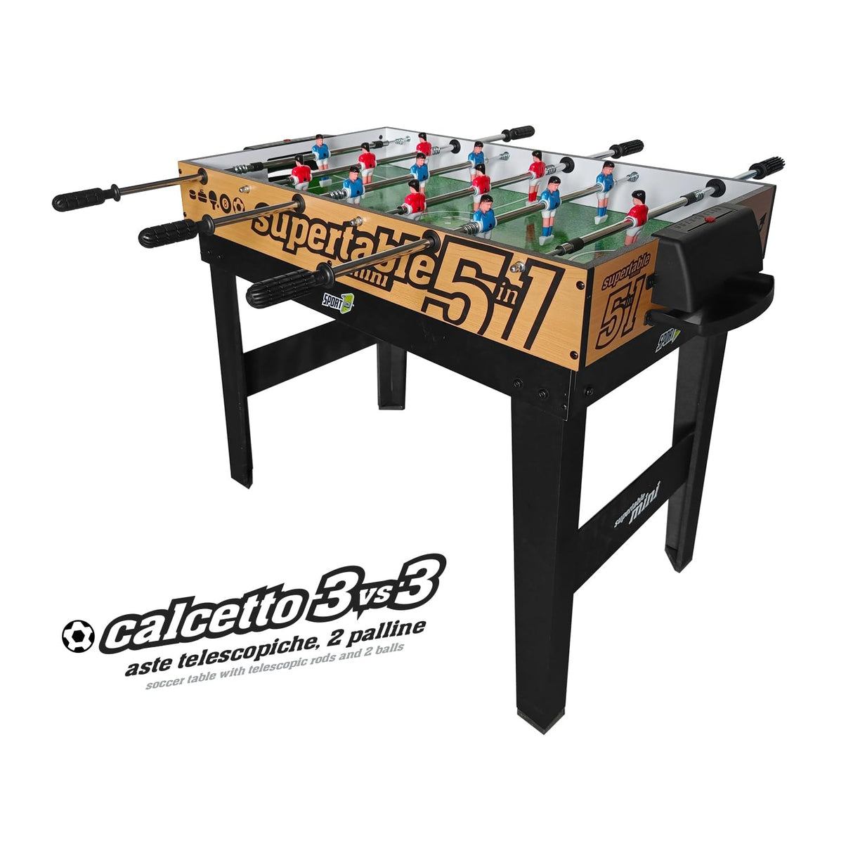 Sport1 Supertable Mini. Futsal multijuego 5 en 1. Futbolín Medidas 97,5 x 48 x 69 cm. Boletín Multiusos: 3 vs 3, Tenis de Mesa, Hockey, Billar, Curling. Incluye Accesorios.