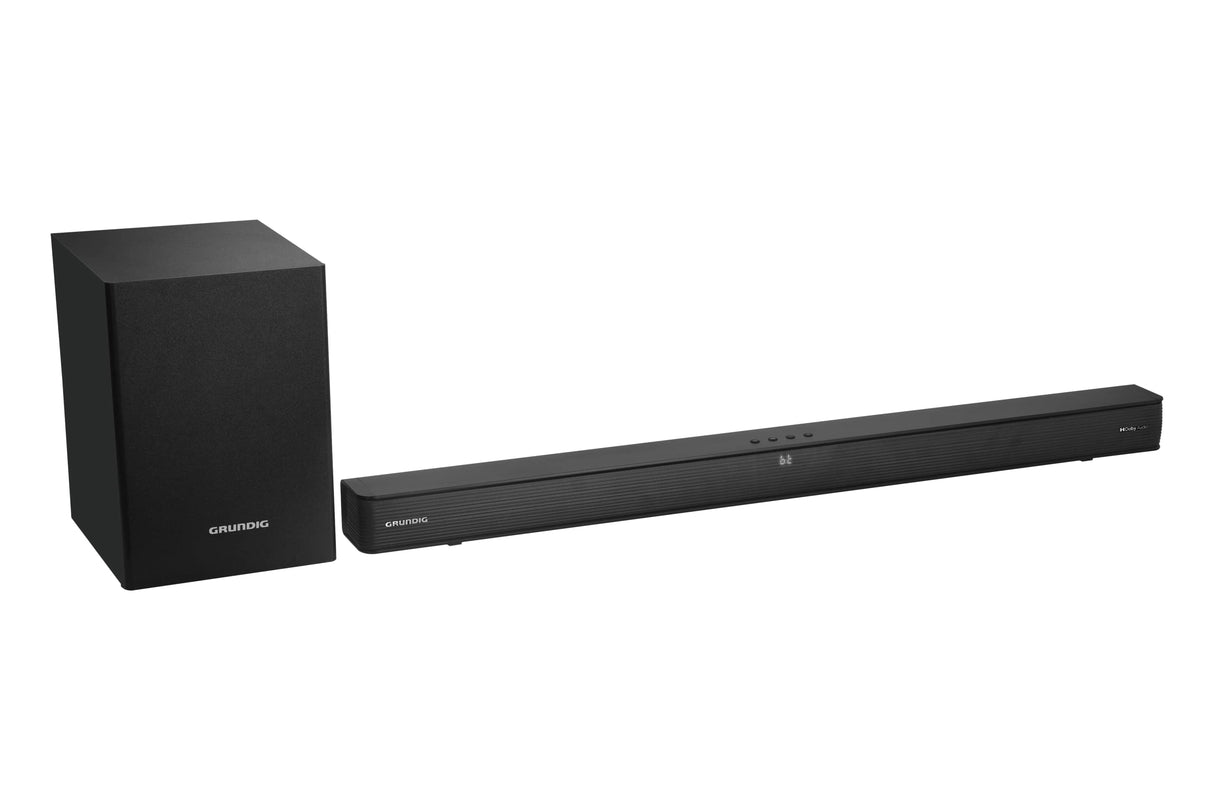Grundig Barra de Sonido de 2,1 Bluetooth, 110W RMS Altavoz de Graves deportado SS Alambre, Encendido automático HDMI Arco, Óptico, Reproductor USB, Mando a Distancia, 92 x 6,5 x 9,5 cm, Negro