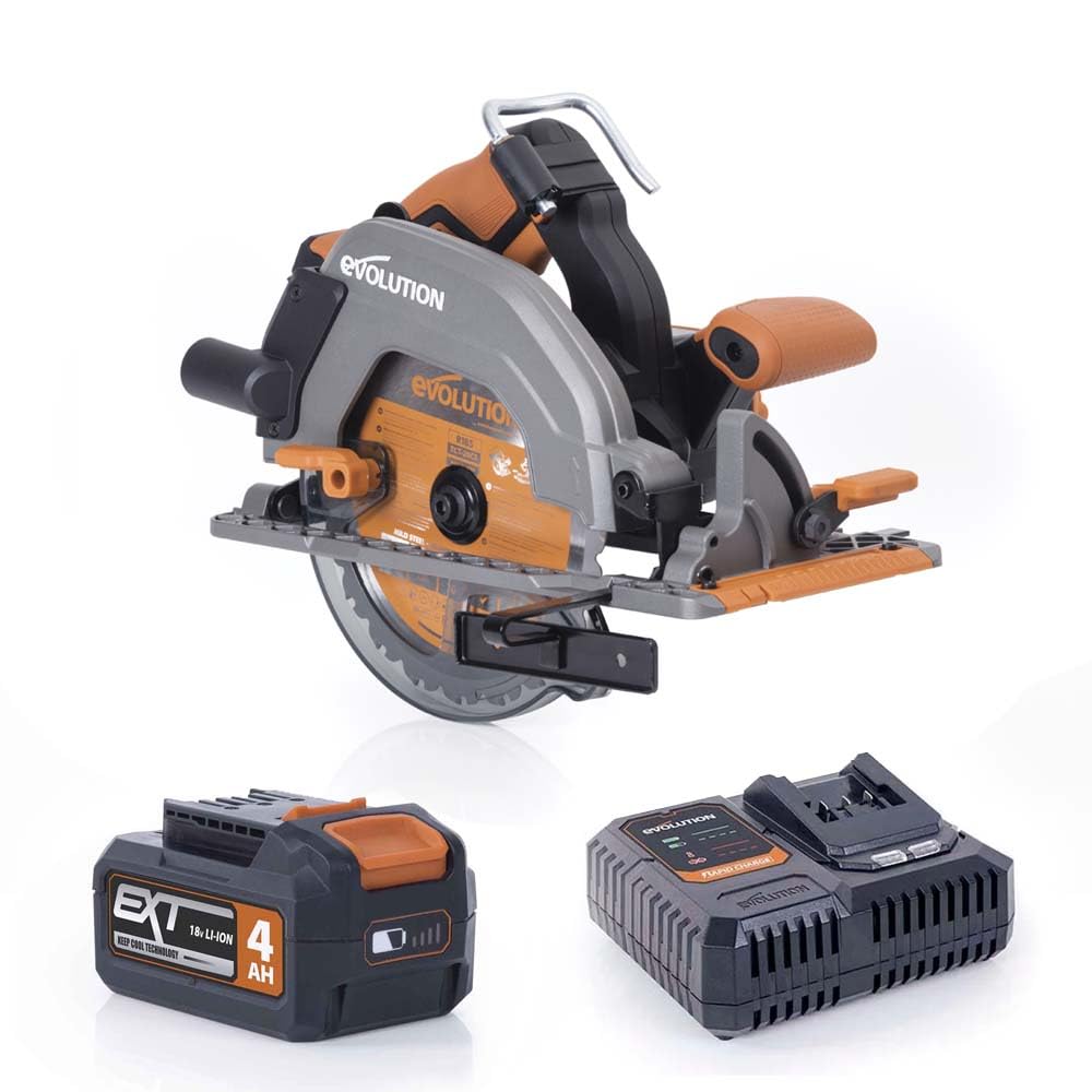 Evolution Power Tools R185CCS-Li Sierra circular sin cable y sin escobillas 18v Li-Ion Incluye hoja TCT Multi-Material Corta Madera, Metal, Plástico, Guía Incluida, Batería y Cargador Incluidos, 185mm