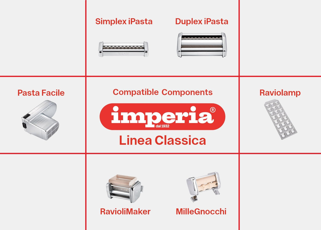 Imperia IPasta Línea Clásica. Máquina para Pasta. 100% Made in Italy. Máquina de pasta fresca en acero. Laminadora manual con manivela. Crea láminas para lasagne, tagliolini, fettuccine.