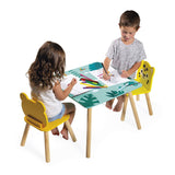 Janod - Mesa y 2 Sillas de Madera Tropik - Mobiliario para Niños - Mesa 55 x 55 cm, Silla Rana y Silla Jaguar - Pintura al Agua - A partir de 3 Años, J08273