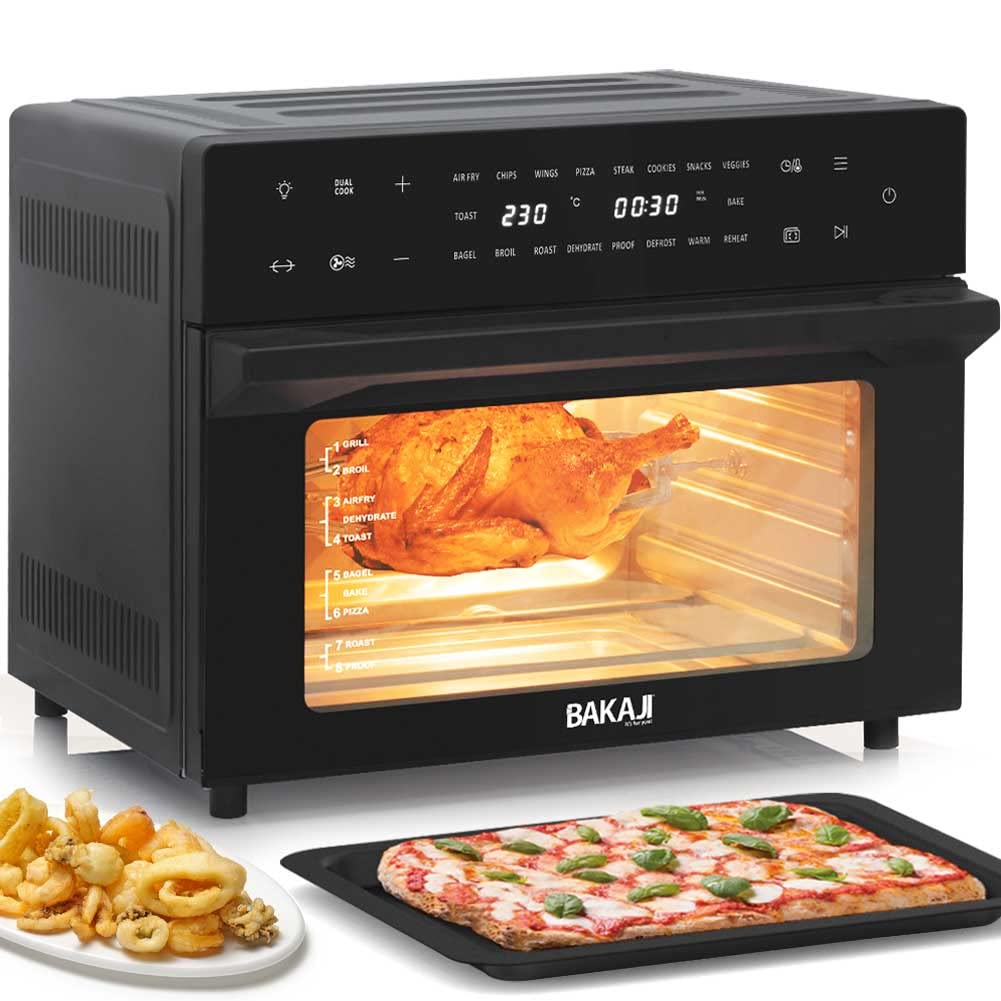 Bakaji Horno freidora de aire caliente, capacidad de 30 litros, 1800 W, freidora seca sin aceite, con pantalla táctil, 18 programas, función de doble cocción, temporizador, regulación de temperatura,