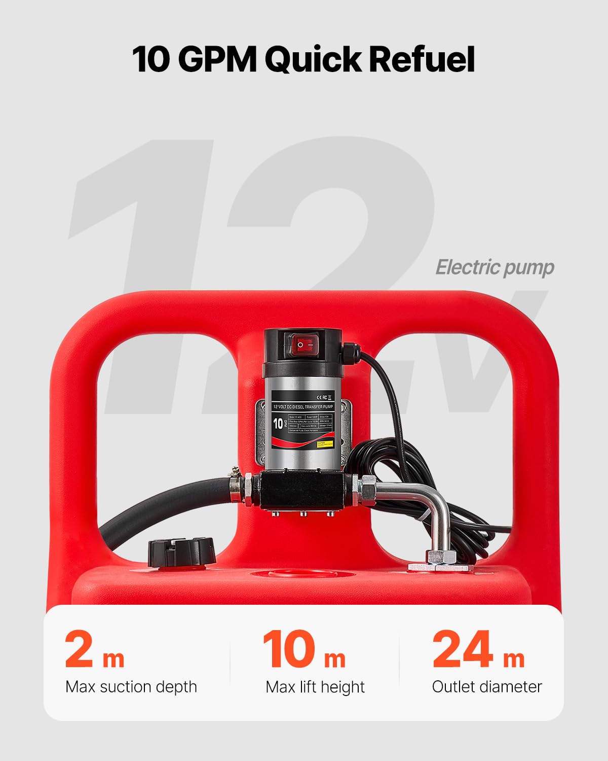 VEVOR Tanque de Combustible Portátil 121 L con Bomba de Transferencia de Combustible Eléctrica de 10 GPM, Manguera de 3,96 m, Boquilla Autosellante, Contenedor de Combustible para Diésel, Rojo