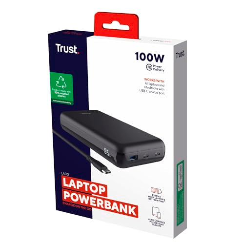 Trust Laro Power Bank 20000mAh 100W para Portátil 2X USB-C 1x USB-A, Batería Externa Carga Rapida, Cargador Portátil Powerbank iPhone Macbook iPad Steam Deck Xiaomi DELL ASUS Lenovo HP