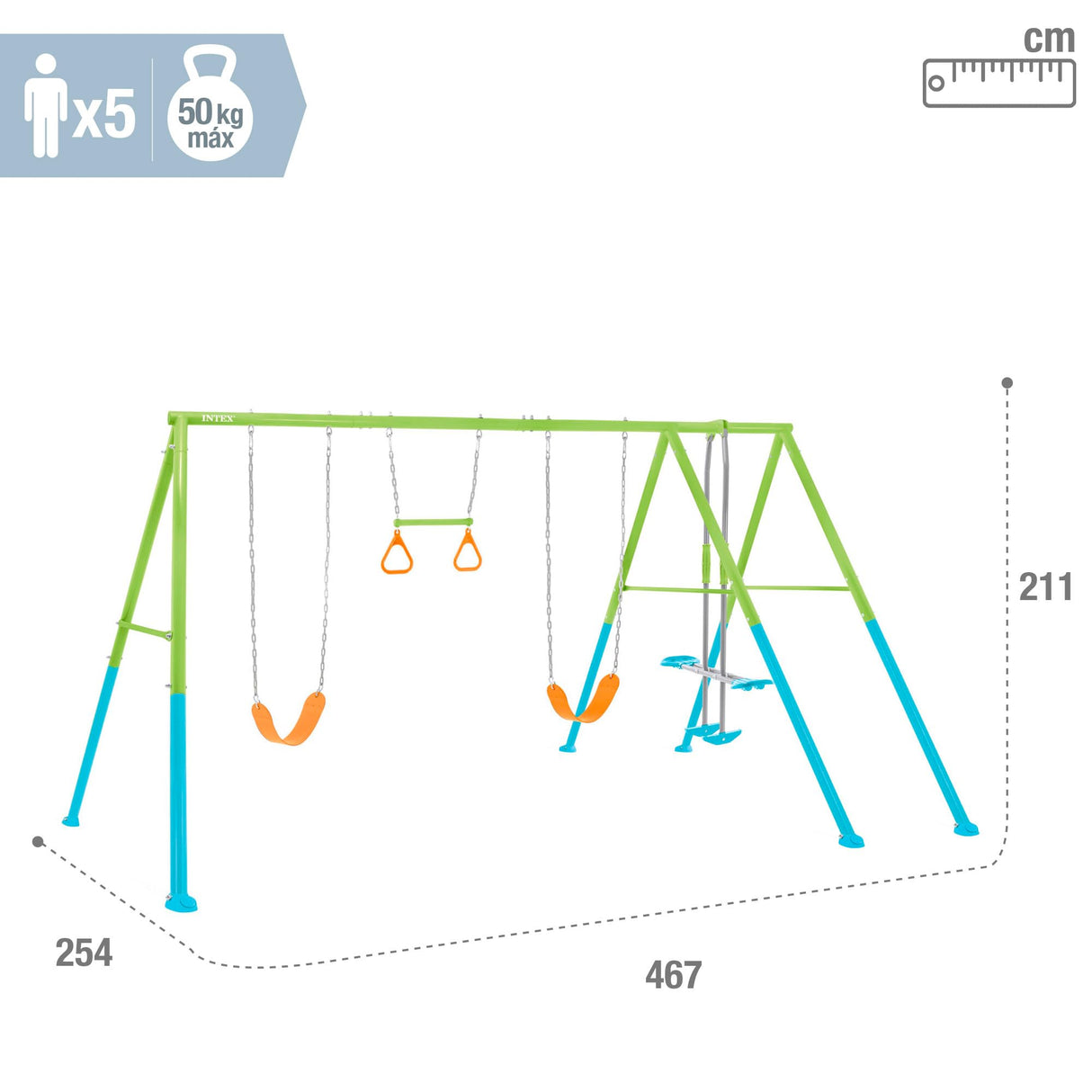 Intex Columpio Doble, Estructura Metal, con balancín Doble Plaza y Trapecio, Altura Regulable, hasta 240 kg, Columpios niños 3-10 años, Juegos Exterior, Certificado CE (59002)