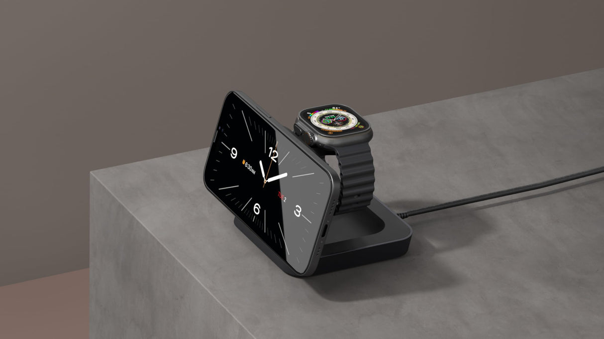 Zens Nightstand Magnetic Wireless Charger Pro 2, Cargador inalámbrico MagSafe y Qi 15 W para iPhone/Apple Watch/AirPods, Incluye Adaptador de Corriente de 20 W (EU/UK/US), Negro