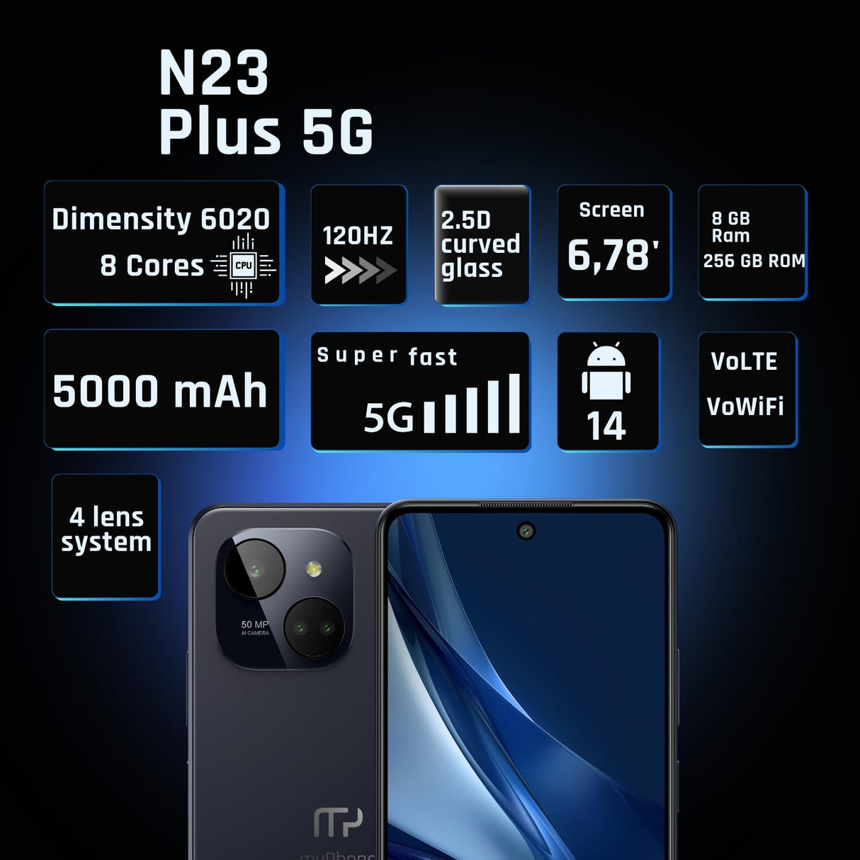 Limitiertes schlankes und Elegantes Smartphone NFC-Funktion ohne Vertrag myPhone N23 Plus 5G Midnight Blue + Akku 5000mah Kamera 50mpx, FHD+ Display 256 GB, bis zu16GB RAM Android 14. 6'78 Zoll