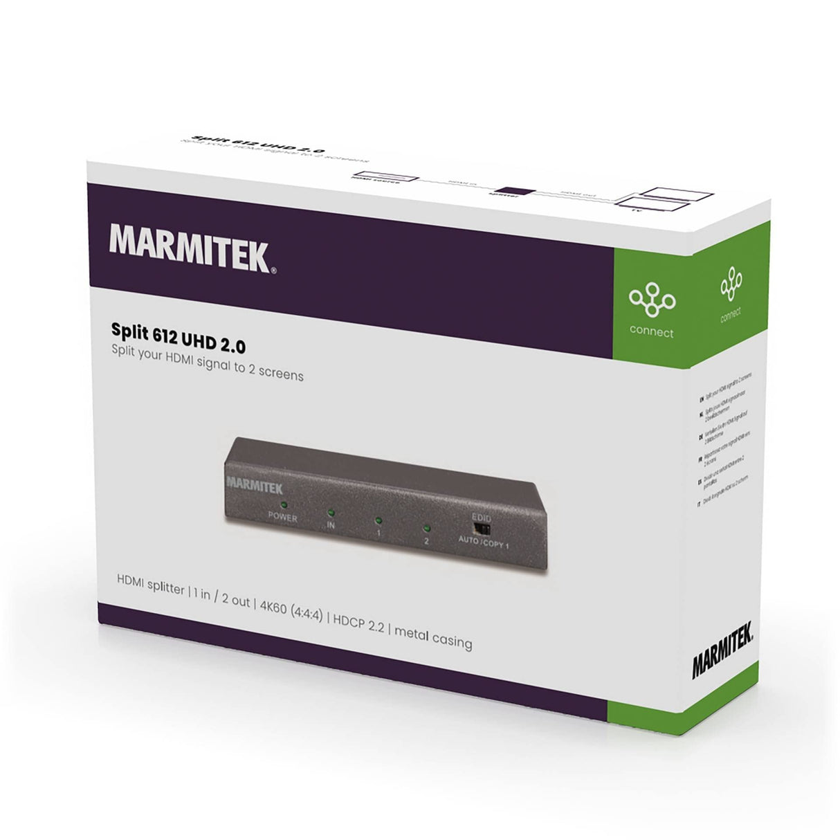 Duplicador HDMI 4K60 - Marmitek Split 612 UHD 2.0 - 1 entrada 2 salidas - Ultra HD - Divisor HDMI - 3840 x 2160 - 60 Hz - HDR - Colores cromáticos - 18 Gbs - HDCP 2.2 - Interruptor EDID