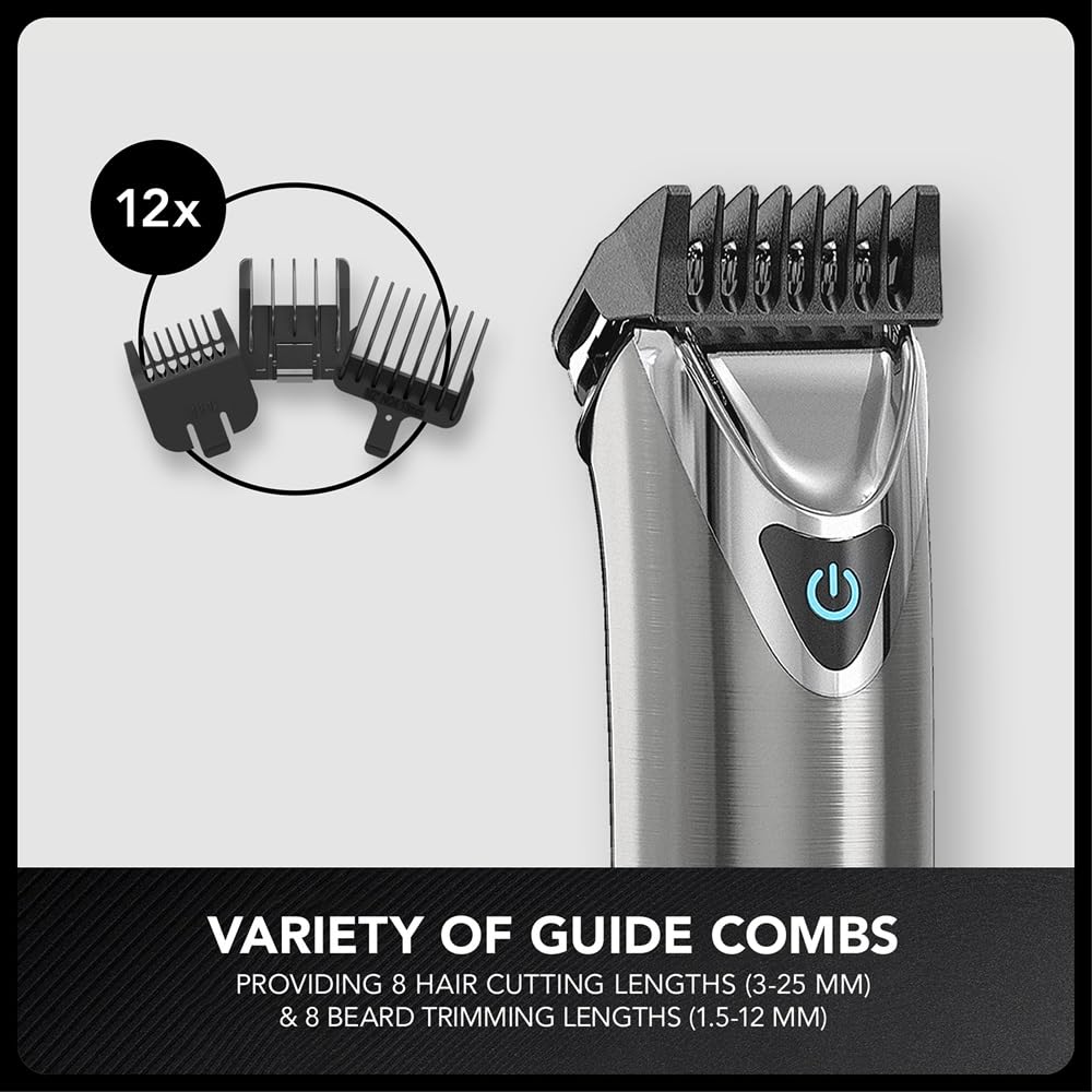 WAHL Washable Stainless Steel Multigroomer, recortadora de barba y barba incipiente para hombres, recortadora de nariz y orejas, set de cuidado masculino, totalmente lavable, sin cable
