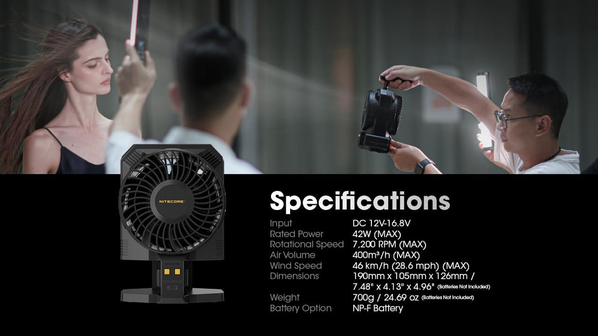 Nitecore CineWind CW30 - Ventilador de Pelo portátil para Estudio, Velocidad del Viento de 46 km/h, con 10 Niveles de Viento Ajustables, Alimentado por baterías NP-F, Interfaz de expansión versátil,