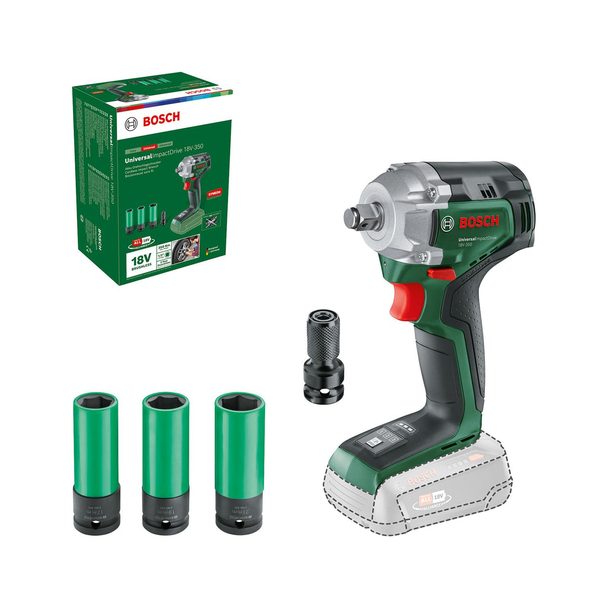 Bosch llave de impacto a batería UniversalImpactDrive 18V-350 (apriete potente y fijación en la obra; par de apriete máx.: 350 Nm; adaptador hexagonal; set de tuercas; sin batería)