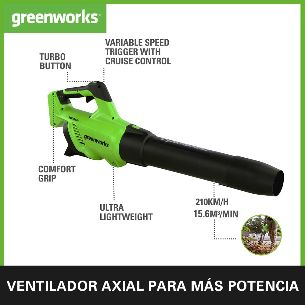 Greenworks GD40ABK2X Soplador de Hojas a Batería Axial con Motor sin Escobillas, 210 km/h, 15,6 m³/min, Dos Baterías de 40V 2Ah y Cargador, Garantía de 3 Años