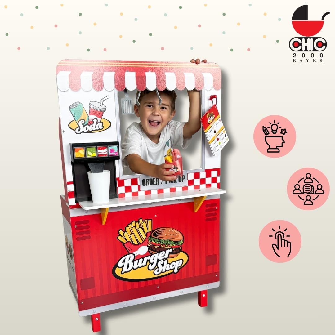 Bayer Chic 2000 Hamburguesería de Madera – Hamburguesería con Barbacoa, freidora, estación de Bebidas y más, fomenta la Creatividad y la imaginación, a Partir de 3 años, Multicolor
